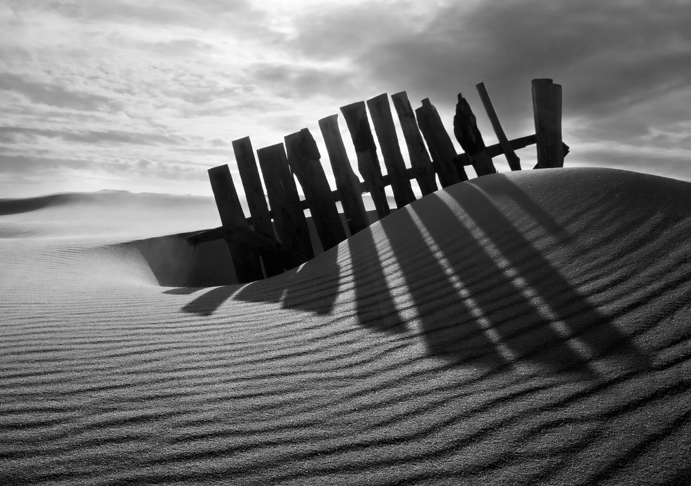 black and white photography fence and sand