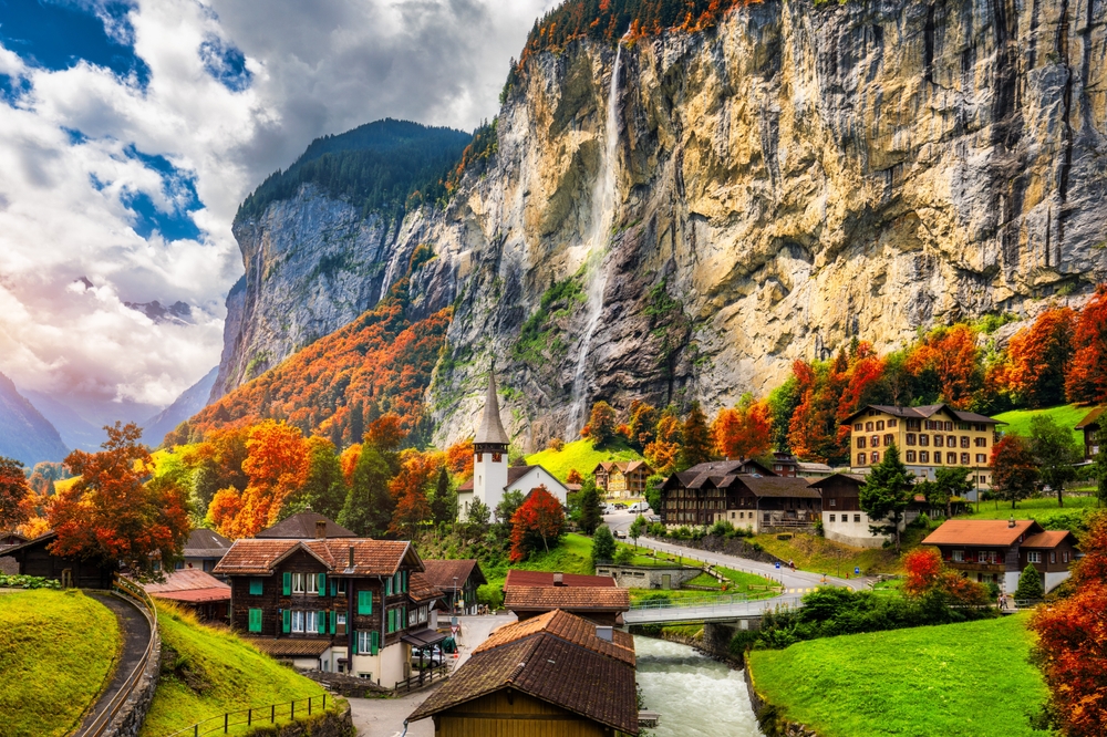 Lauterbrunnen valley with Staubbach waterfall in the Swiss Alps