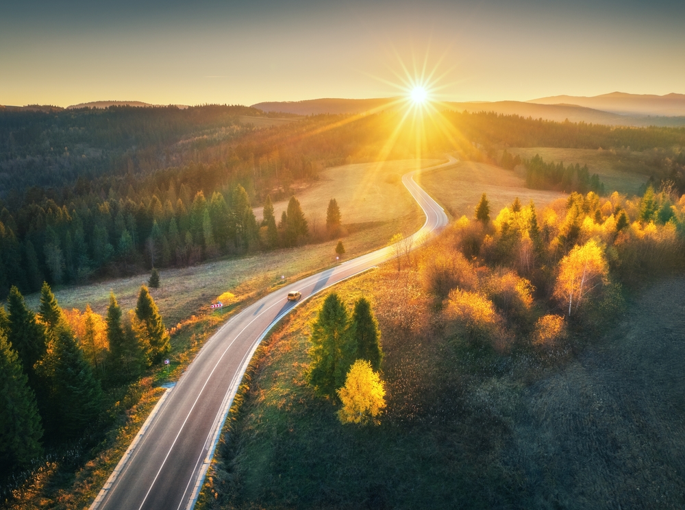 mountain road in forest at sunset in autumn