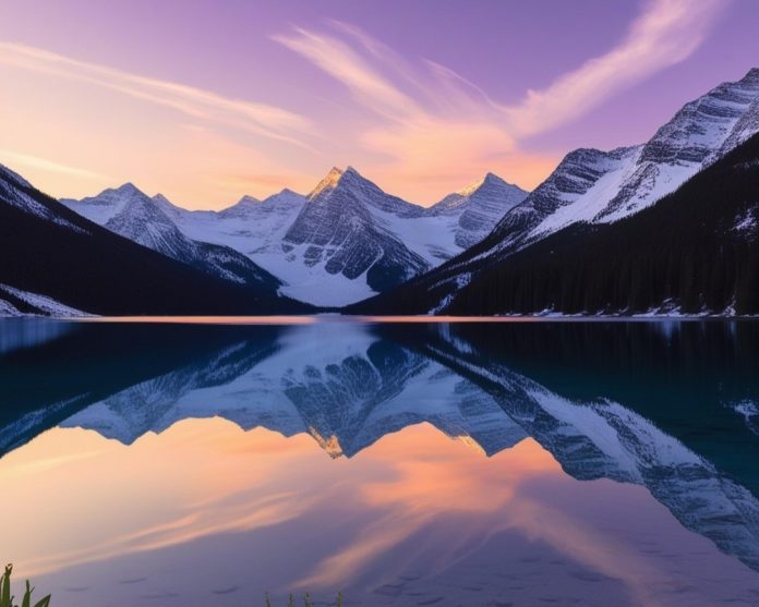 mountain lake reflecting snow-capped peaks and the warm hues of the rising sun