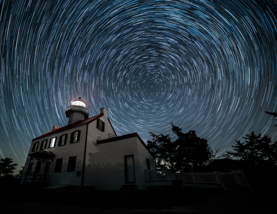 Star trails over East Point Lighthouse in southern New Jersey
